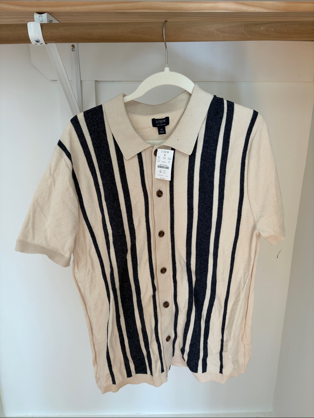 NWT J. Crew Cream Polo Cardigan with Navy Vertical Stripes